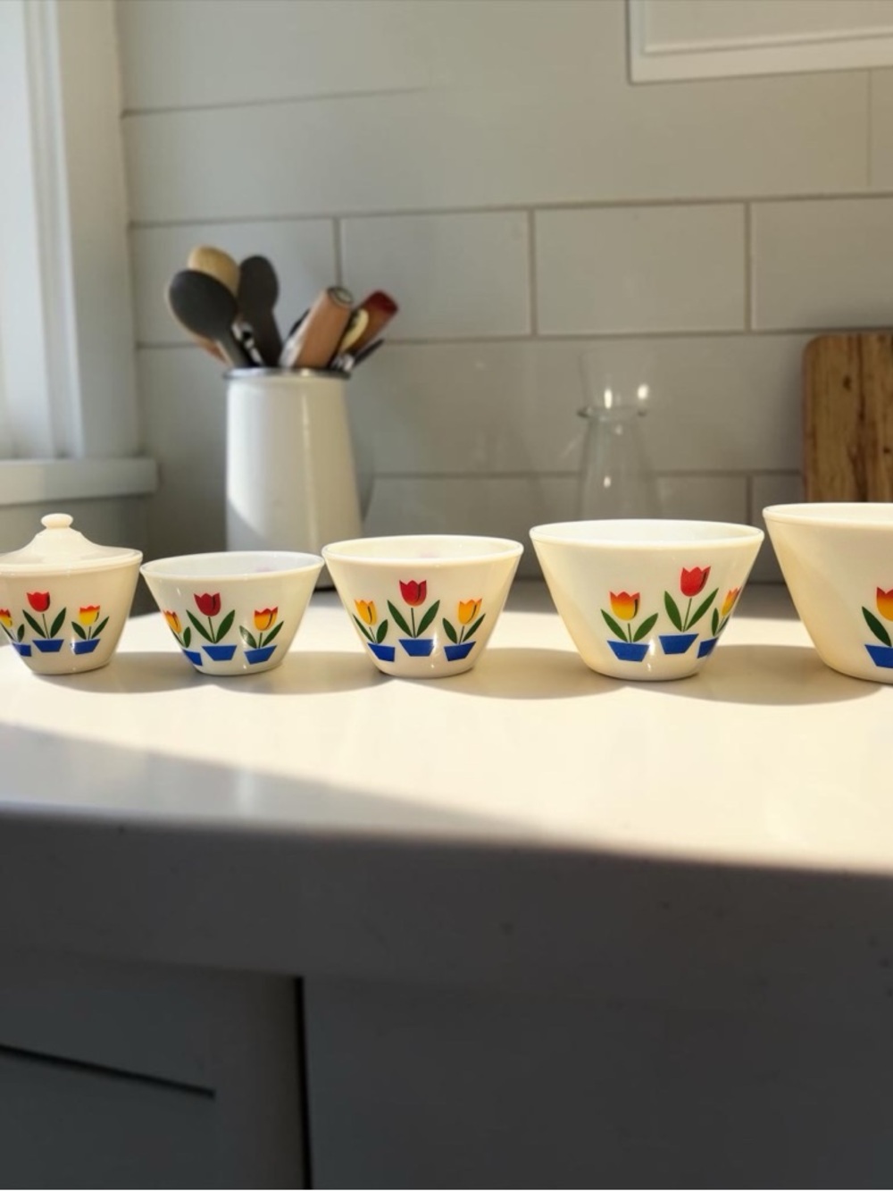 Fire King White Nesting Bowls with Red & Yellow Tulip Motif